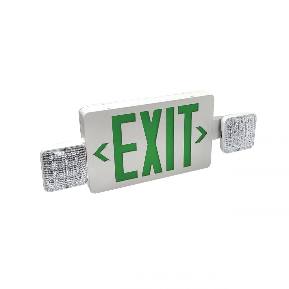 LED Exit and Emergency Combination with Adjustable Heads, Battery Backup, Green Letters / White