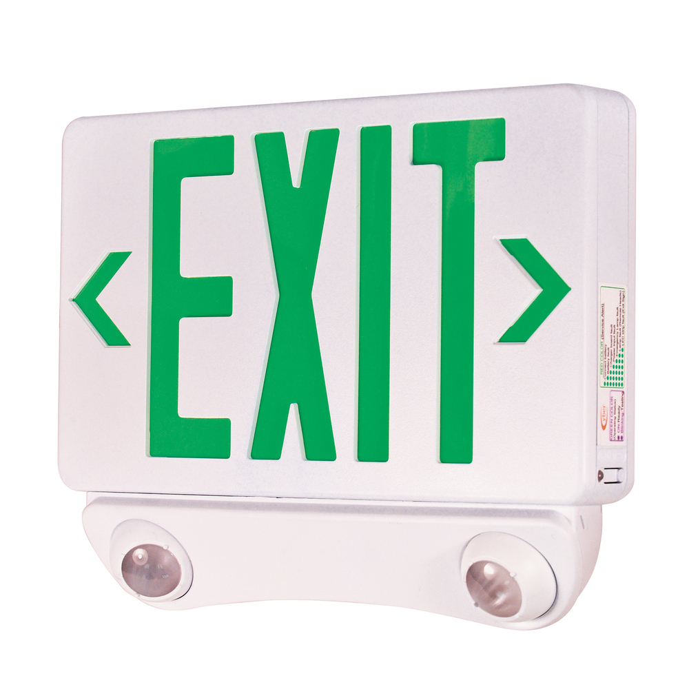 LED Exit and Emergency Combination with Adjustable Heads, Green Letters / White Housing