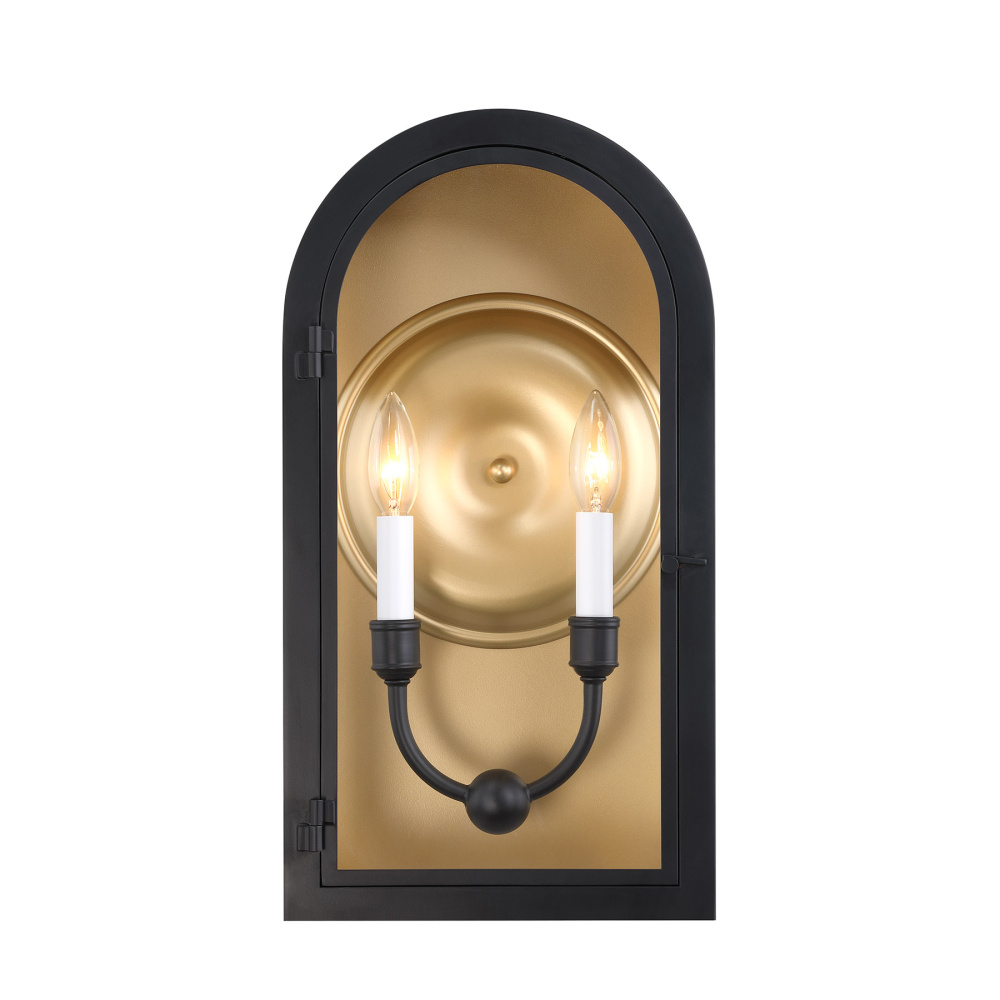 Grotto 2-Light Outdoor Wall Lantern in Matte Black with Vintage Gold