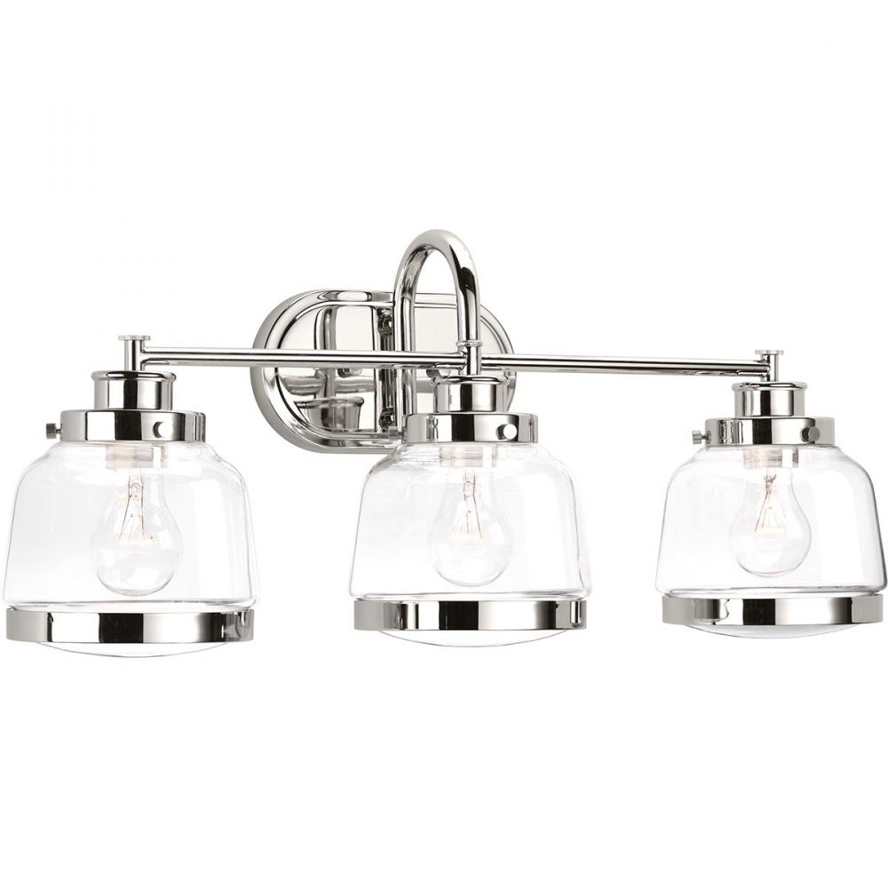Judson Collection Three-Light Polished Nickel Clear Glass Farmhouse Bath Vanity Light