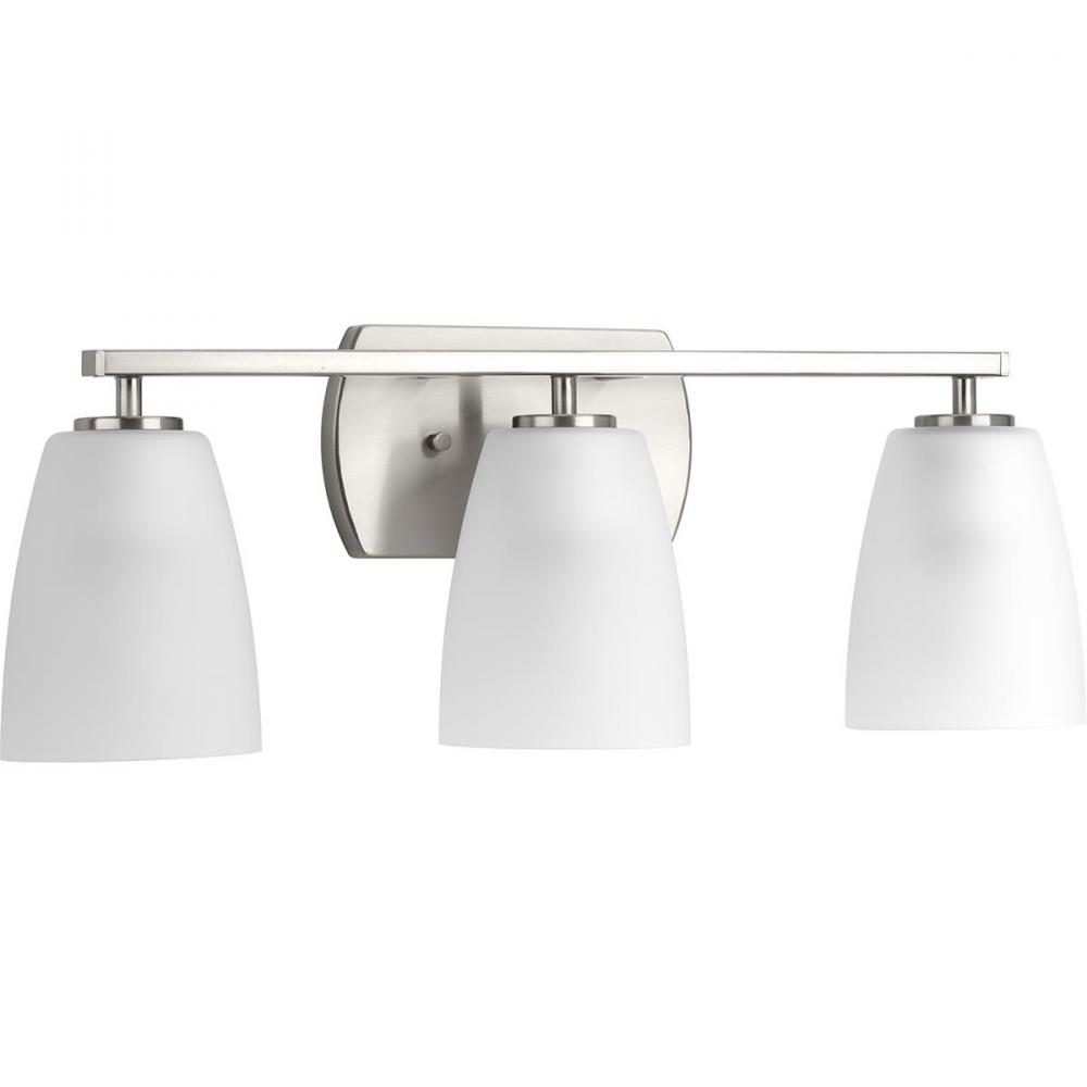 Leap Collection Three-Light Brushed Nickel Etched Glass Modern Bath Vanity Light