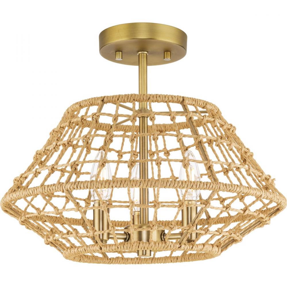 Laila Collection 16 in. Three-Light Vintage Brass Coastal Semi-Flush Convertible with Woven Jute Acc