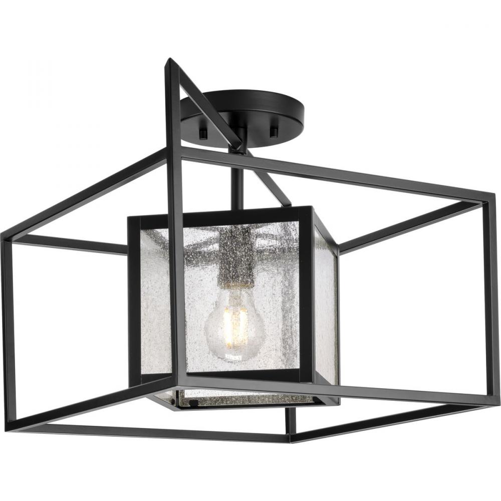Navarre One-Light Matte Black and Seeded Glass Indoor/Outdoor Close-to-Ceiling Light