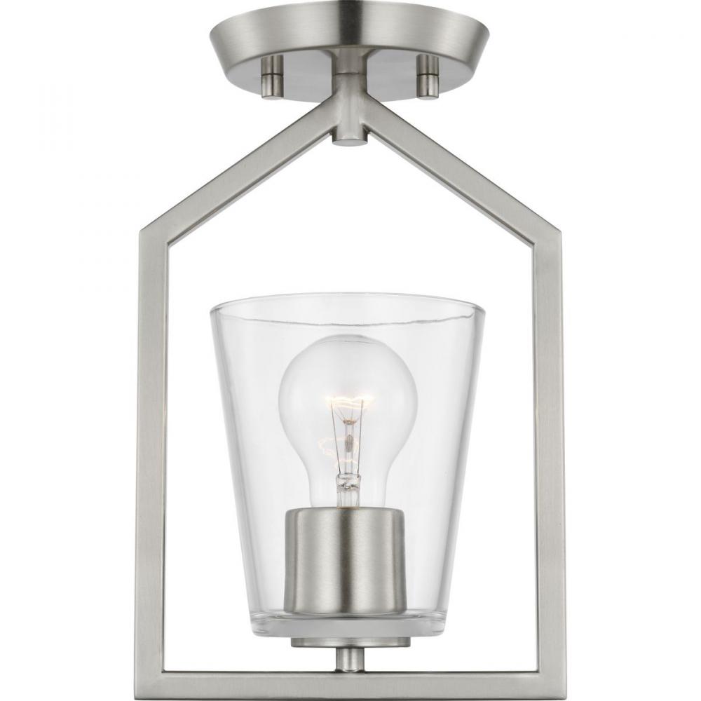 Vertex Collection One-Light Brushed Nickel Clear Glass Contemporary Semi-Flush Mount