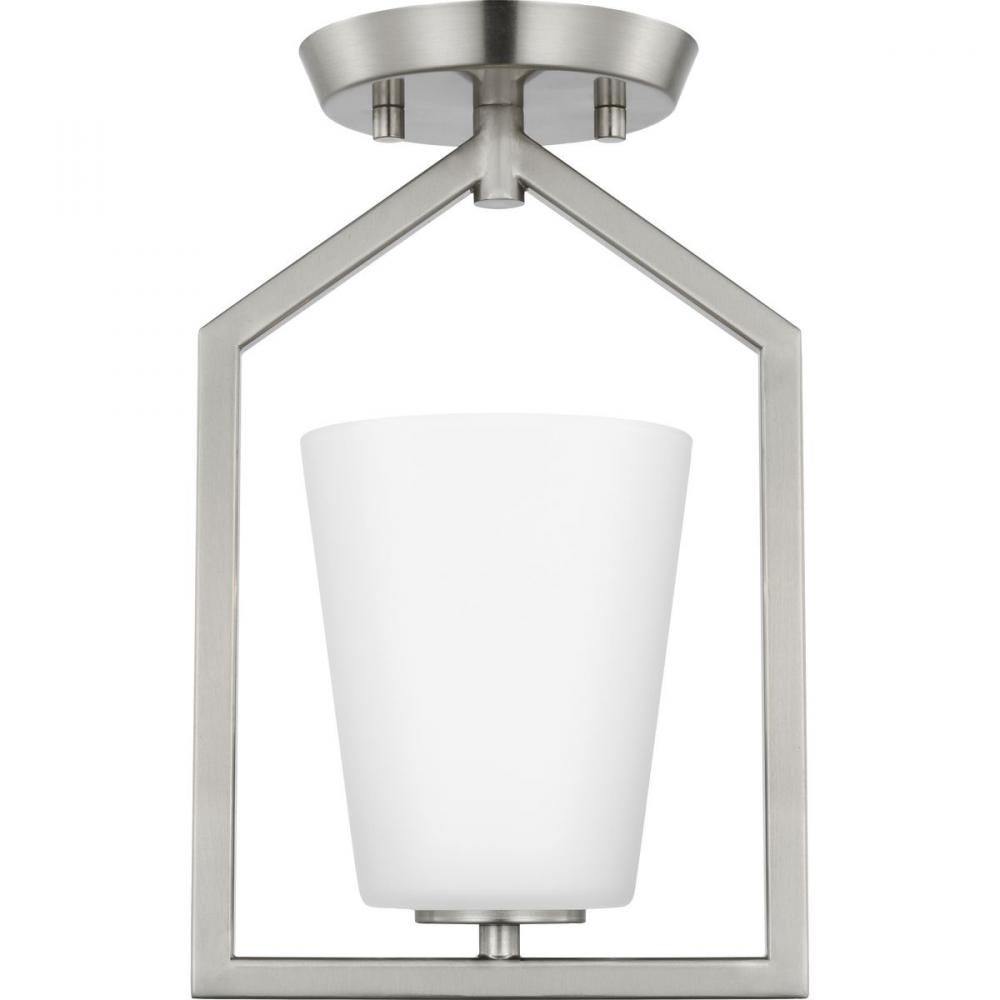 Vertex Collection One-Light Brushed Nickel Etched White Contemporary Semi-Flush Mount