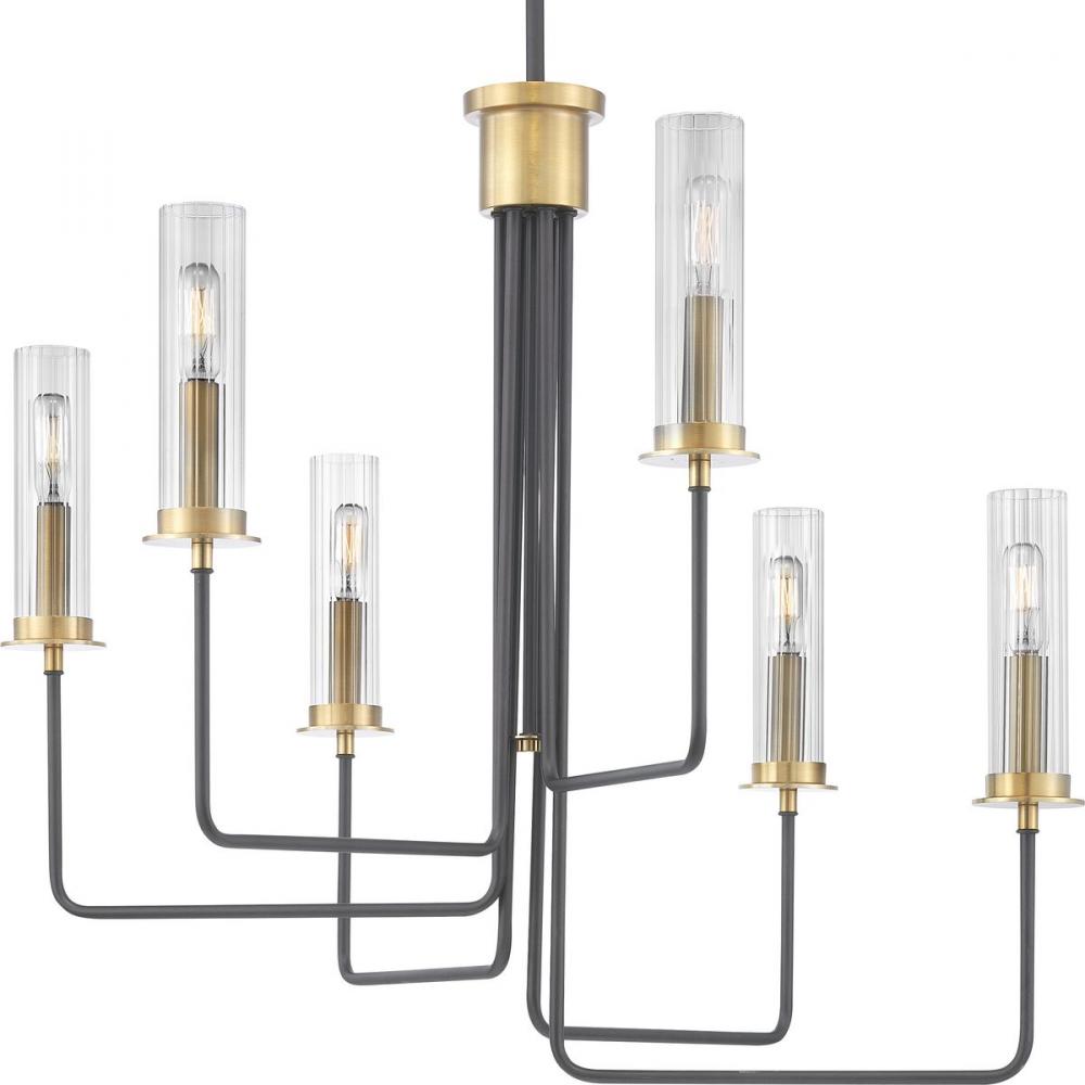 Rainey Collection Six-Light Graphite Clear Fluted Ribbed Glass Modern Chandelier Light