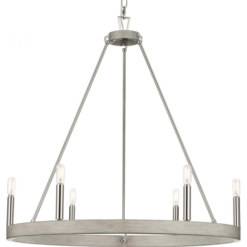 Galloway Collection Six-Light 28.25" Brushed Nickel Modern Farmhouse Chandelier with Grey Washed