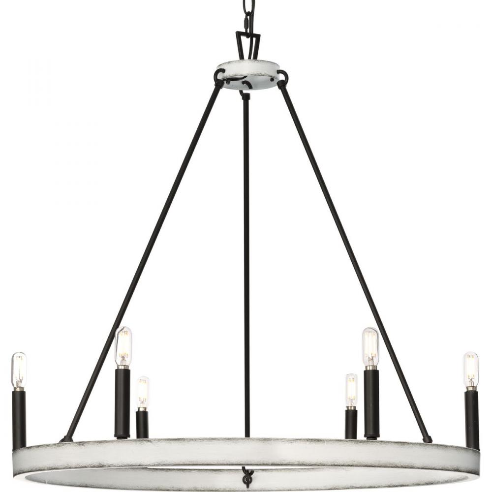 Galloway Collection Six-Light 28.25" Matte Black Modern Farmhouse Chandelier with Distressed Whi