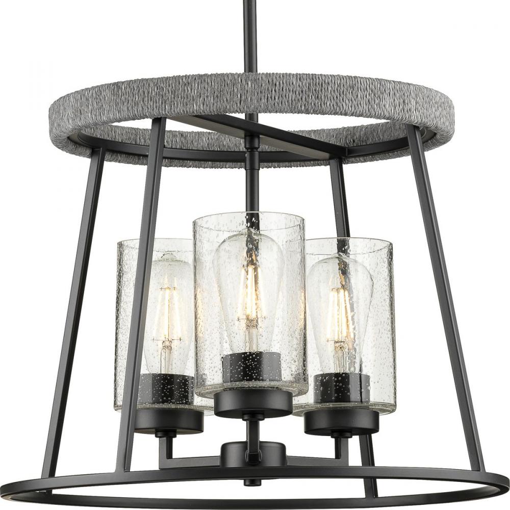 Laramie Collection Three-Light Matte Black Rustic Modern Clear Seeded Glass Chandelier