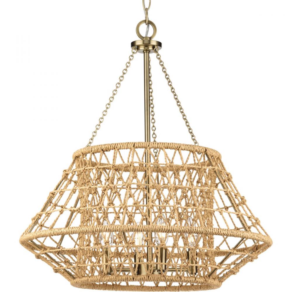 Laila Collection Four-Light Vintage Brass Coastal Chandelier with Woven Jute Accents