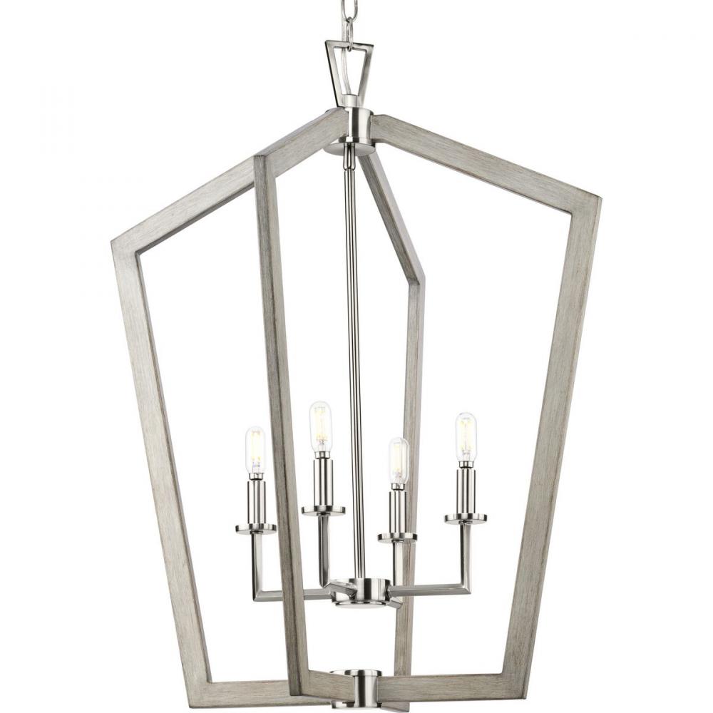 Galloway Collection Four-Light 30" Brushed Nickel Modern Farmhouse Foyer Light with Grey Washed