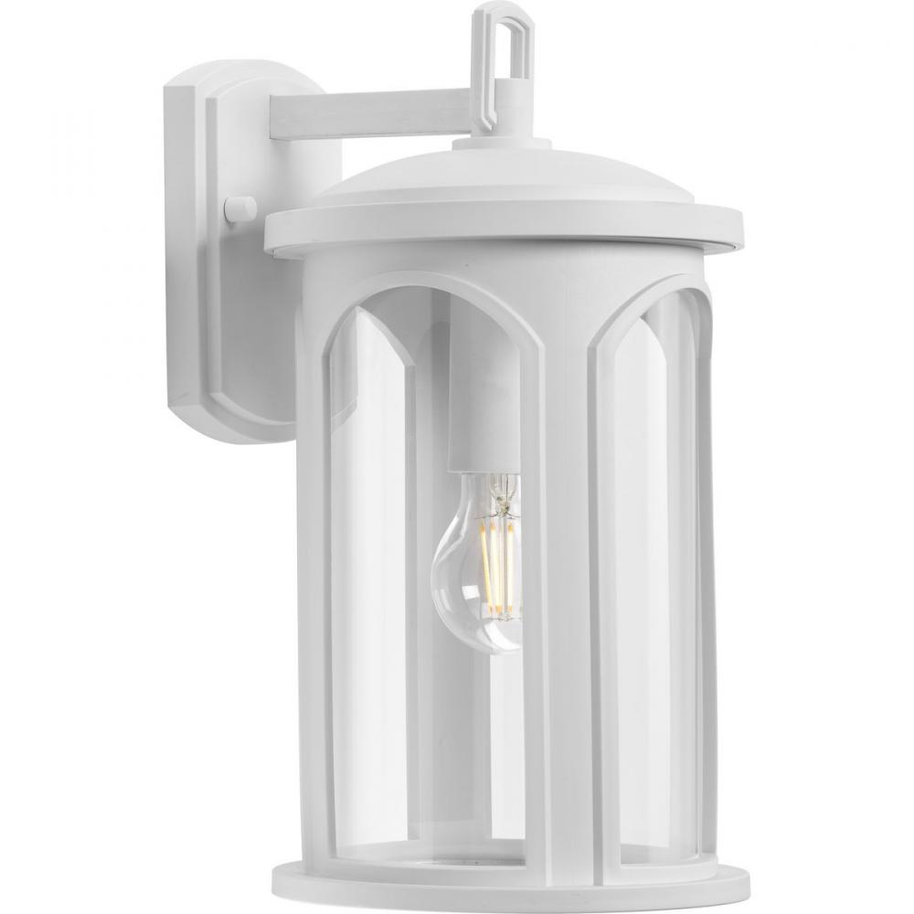 Gables Collection One-Light Coastal Satin White Clear Glass Outdoor Wall Lantern