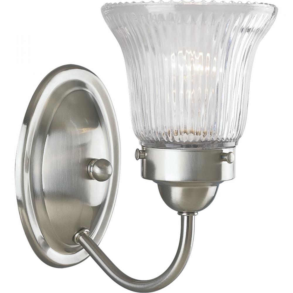 Fluted Glass Collection One-Light Brushed Nickel Clear Prismatic Glass Traditional Bath Vanity Light