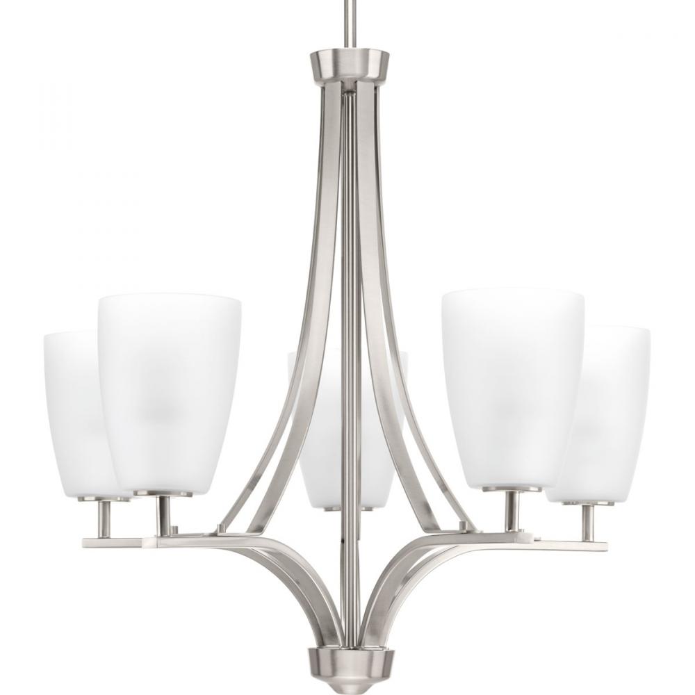 Leap Collection Five-Light Brushed Nickel Etched Opal Glass Modern Chandelier Light