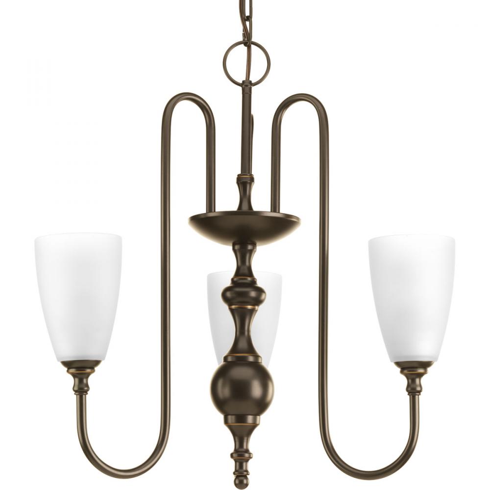 Three-light chandelier finished in antique bronze with etched glass.