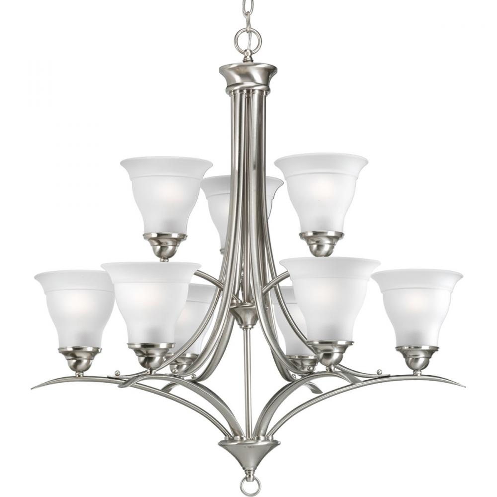 Trinity Collection Nine-Light Brushed Nickel Etched Glass Traditional Chandelier Light