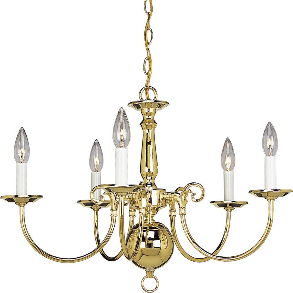 Americana Collection Five-Light Polished Brass White Candle Traditional Chandelier Light
