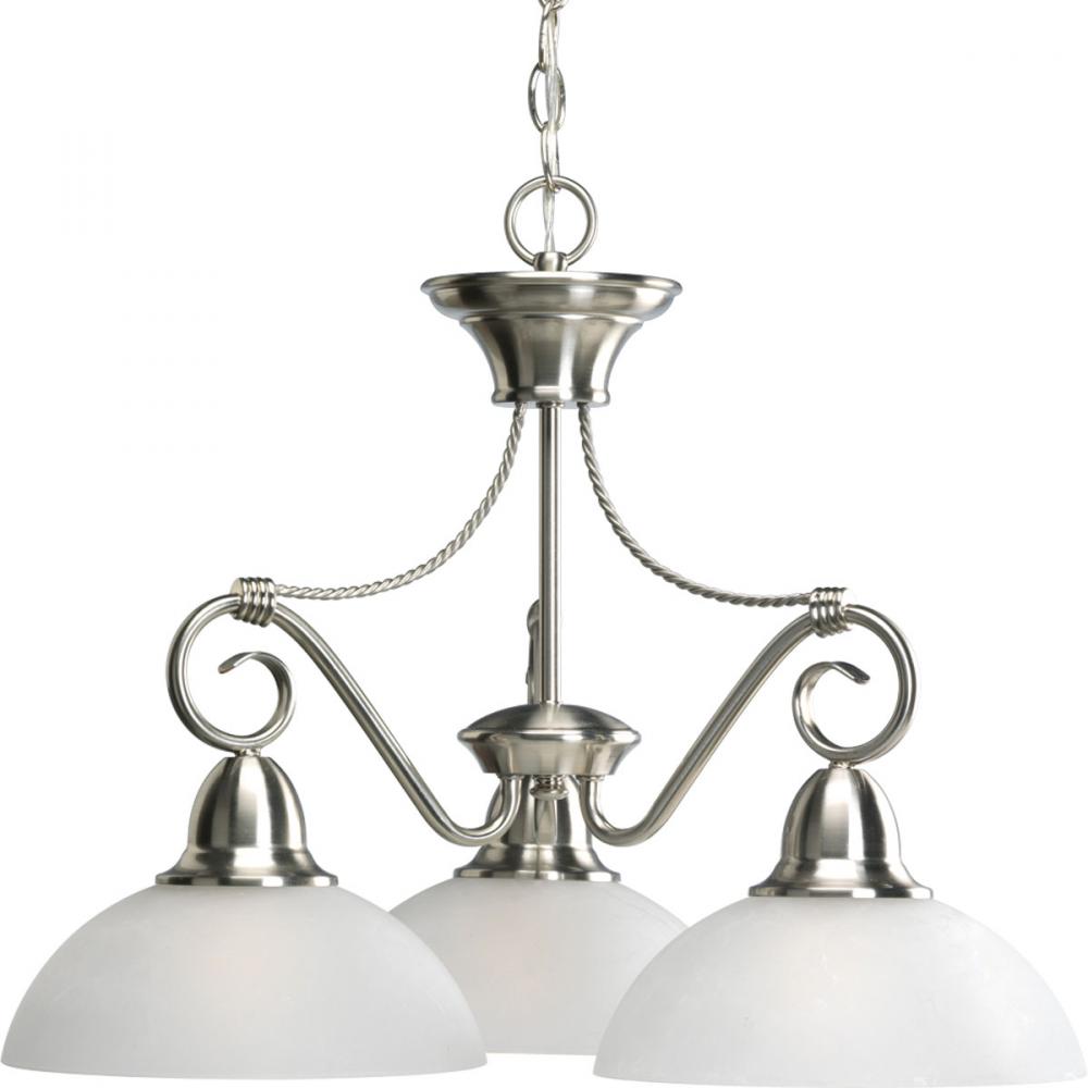 Three Light Brushed Nickel Etched Watermark Glass Down Chandelier