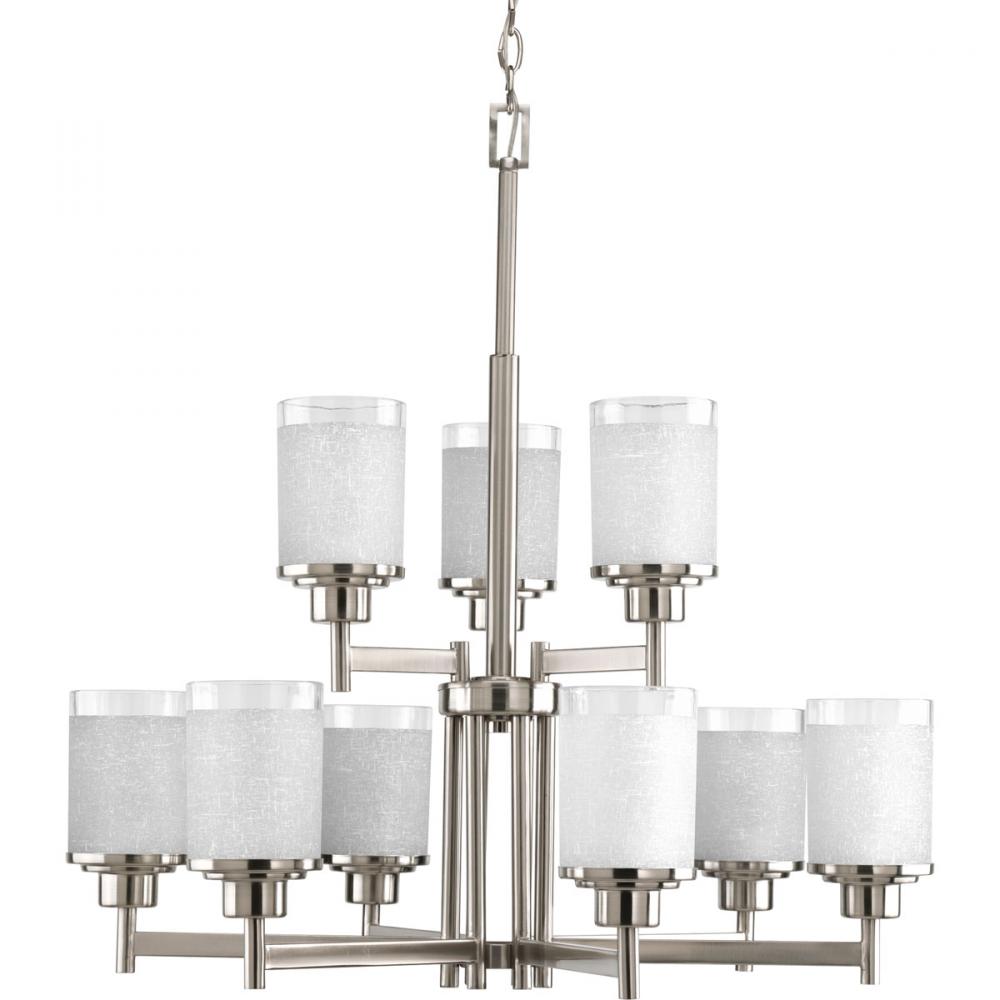 Alexa Collection Nine-Light Brushed Nickel Etched Linen With Clear Edge Glass Modern Chandelier Ligh