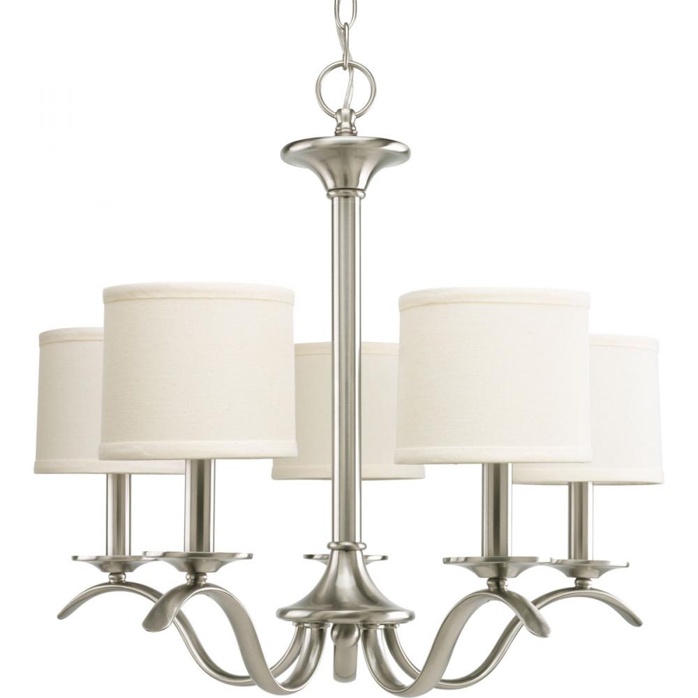 Inspire Collection Five-Light Brushed Nickel Off-White Linen Shade Traditional Chandelier Light