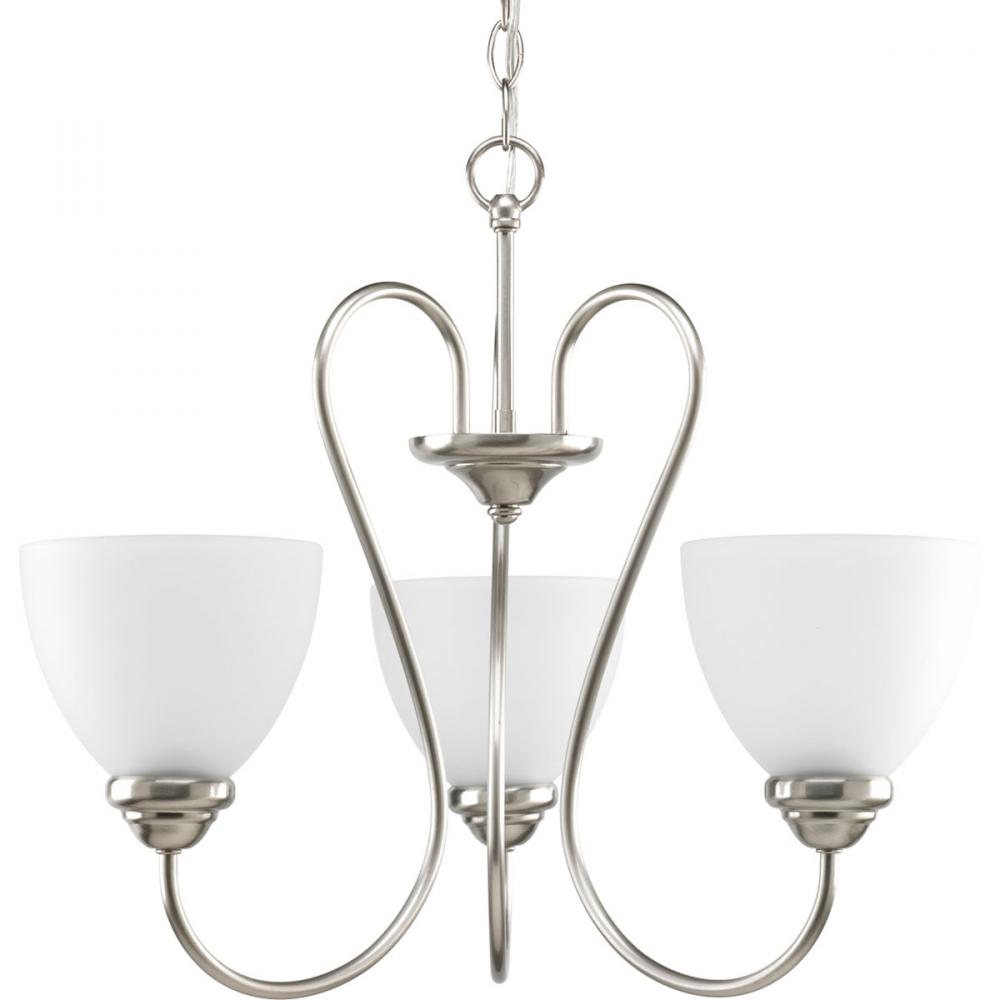 Heart Collection Three-Light Brushed Nickel Etched Glass Farmhouse Chandelier Light