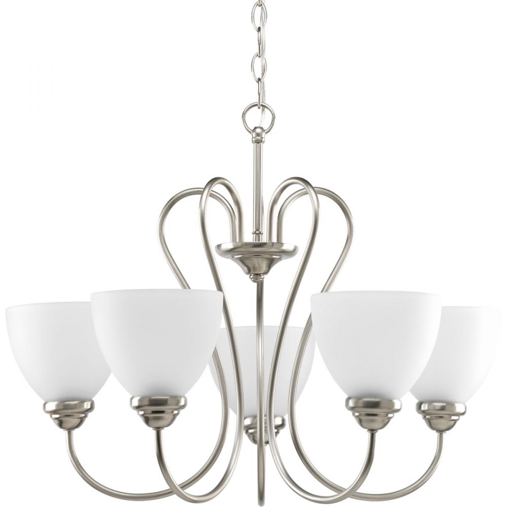 Heart Collection Five-Light Brushed Nickel Etched Glass Farmhouse Chandelier Light