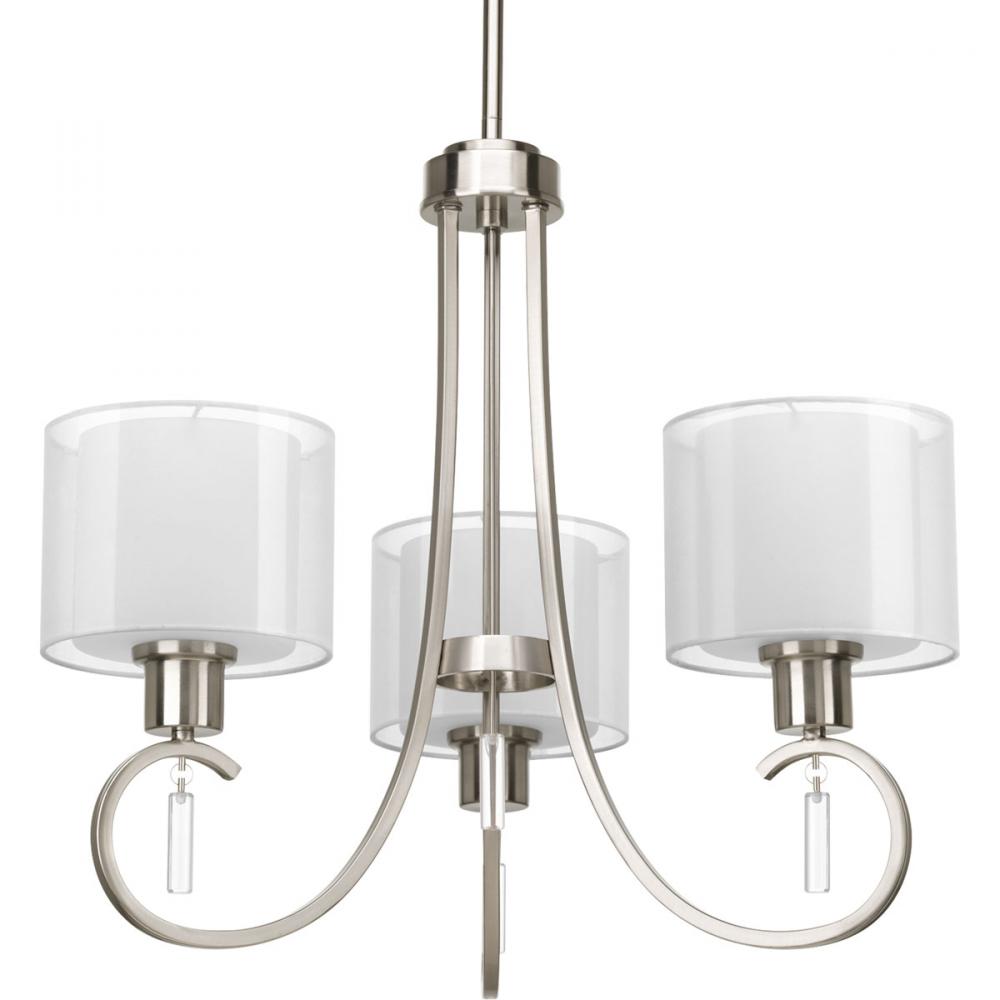 Invite Collection Three-Light Brushed Nickel White Silk Mylar Shade New Traditional Chandelier Light
