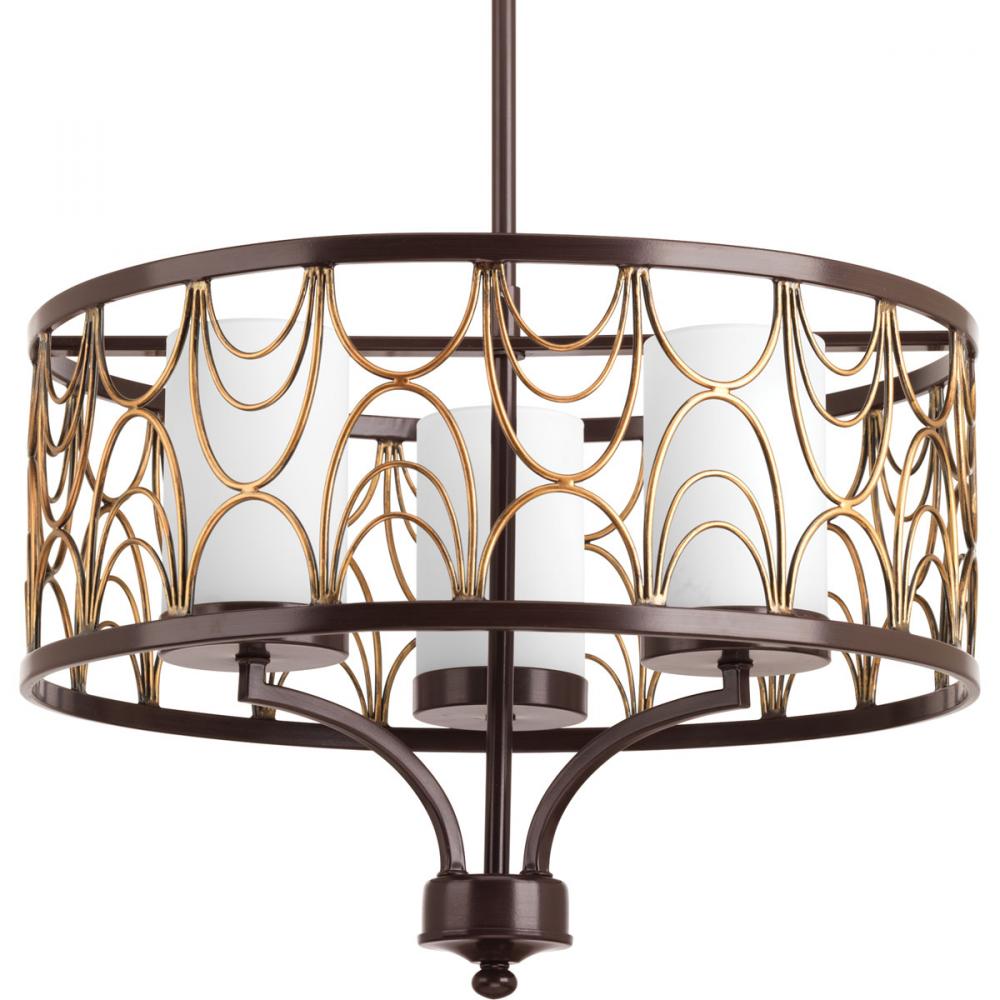 Cirrine Collection Three-Light Antique Bronze Etched White Glass Global Chandelier Light