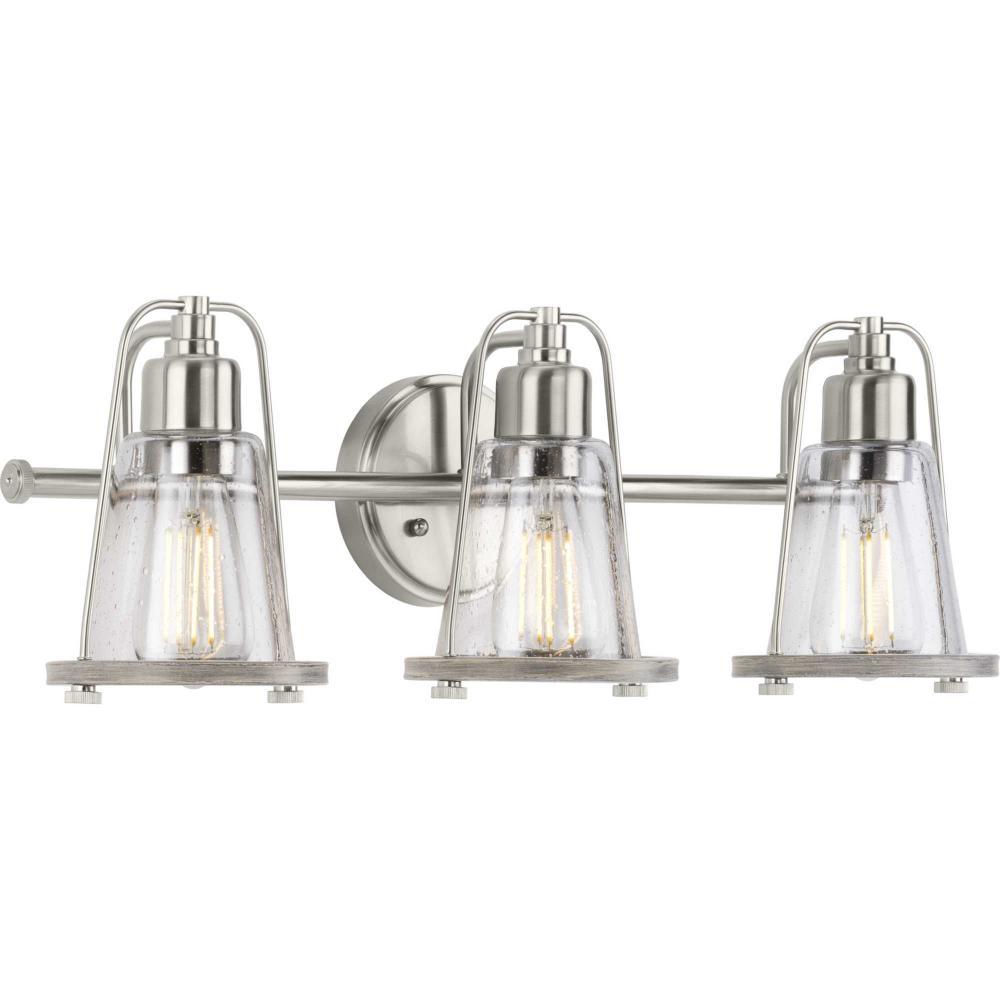 Conway Collection Three-Light Brushed Nickel and Clear Seeded Farmhouse Style Bath Vanity Wall Light