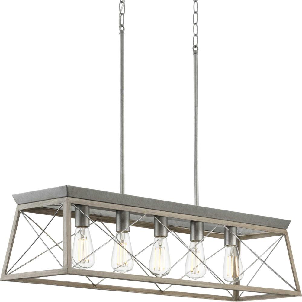 Briarwood Collection Five-Light Galvanized and Bleached Oak Farmhouse Style Linear Island Chandelier