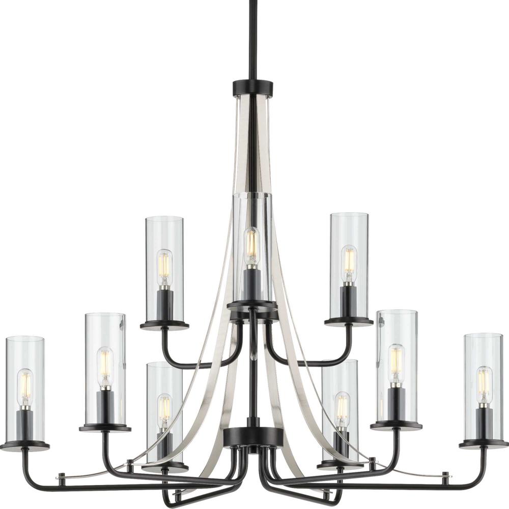 Riley Collection Nine-Light Matte Black Clear Glass New Traditional Chandelier Light