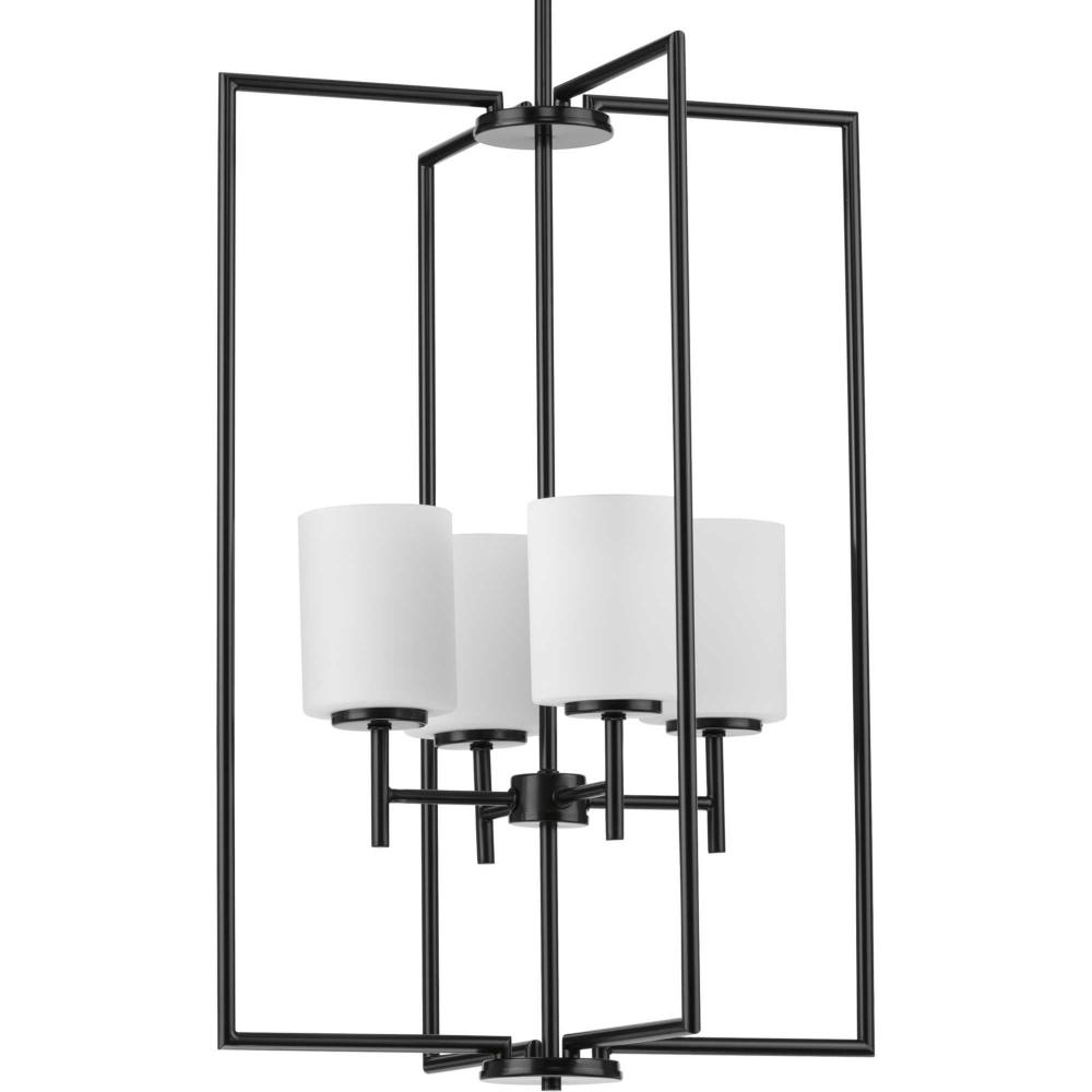 Replay Collection Four-Light Textured Black Etched White Glass Modern Pendant Light