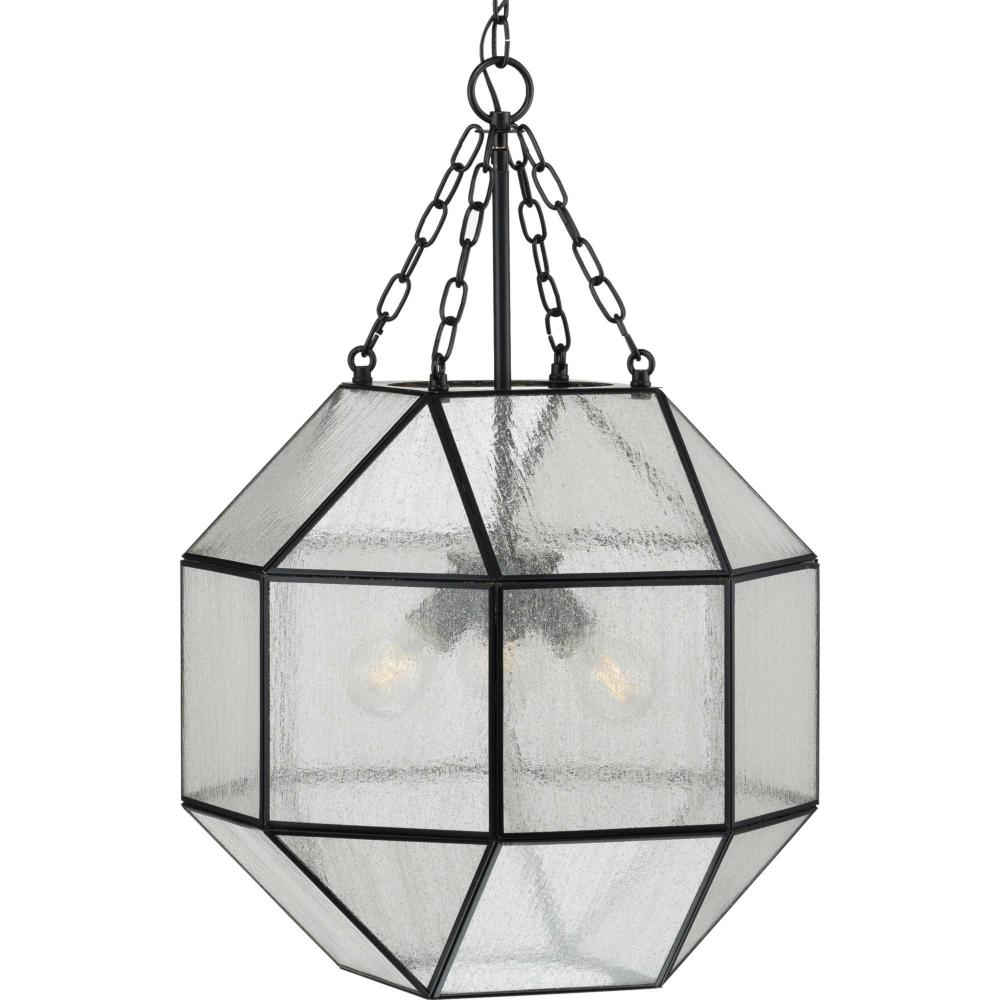 Mauldin Collection Three-Light Matte Black Clear Seeded Glass Global Pendant Light