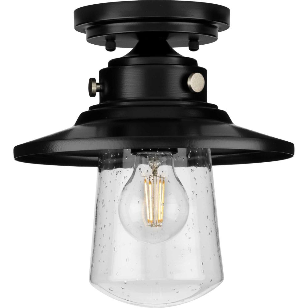 Tremont Collection One-Light Matte Black and Clear Seeded Glass Farmhouse Style Ceiling Light