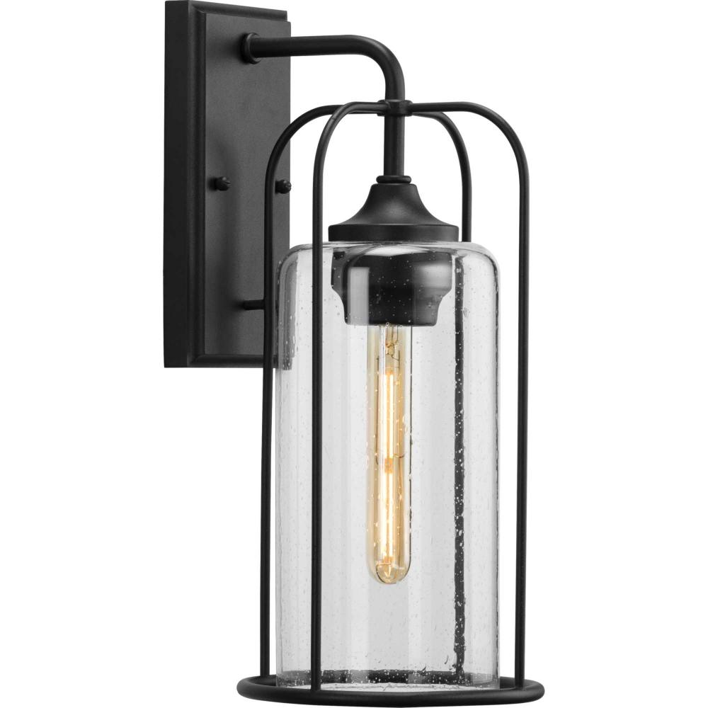 Watch Hill Collection One-Light Textured Black and Clear Seeded Glass Farmhouse Style Medium Outdoor