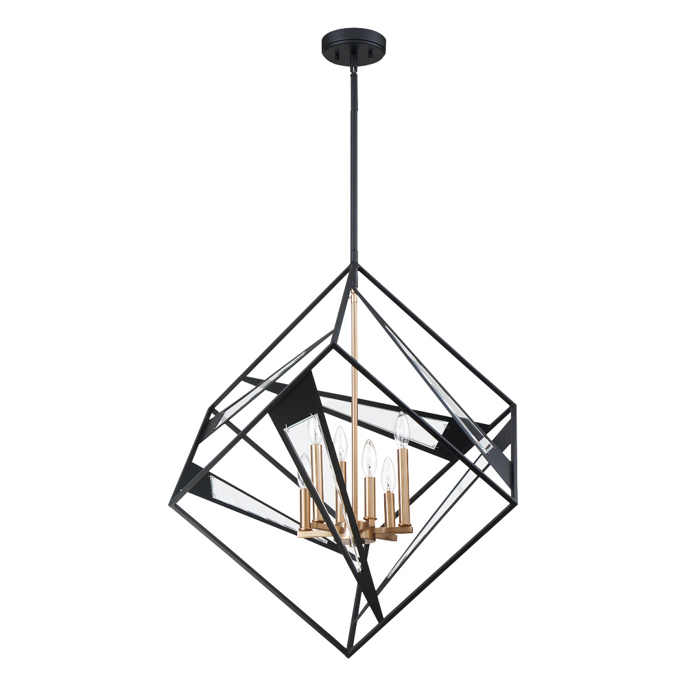 6x60W Pendant With Matte Black Finish and gold accents and clear Glass