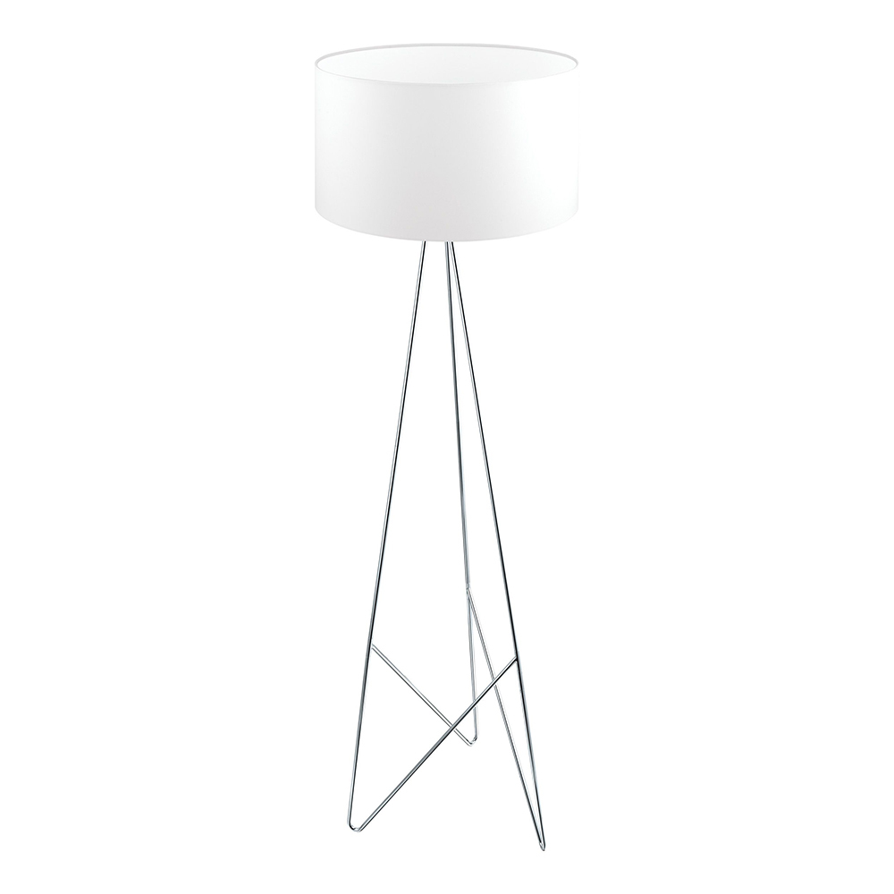 1 LT Floor Lamp with a Geometric Shaped Chrome Base Finish and Round White Fabric Shade