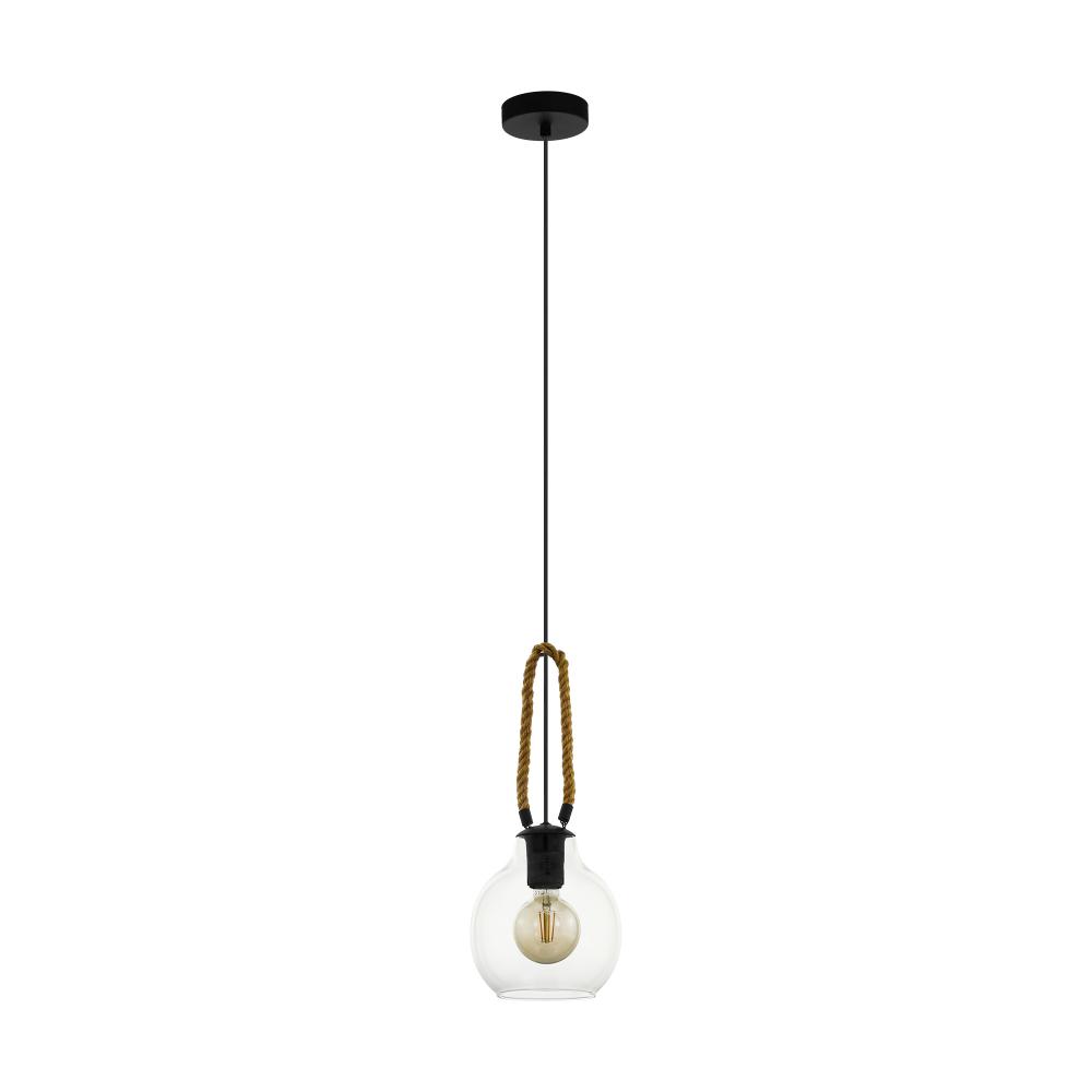 Rodding - 1 LT Pendant with Structured Black Finish Brown Roping and Clear Glass Shade