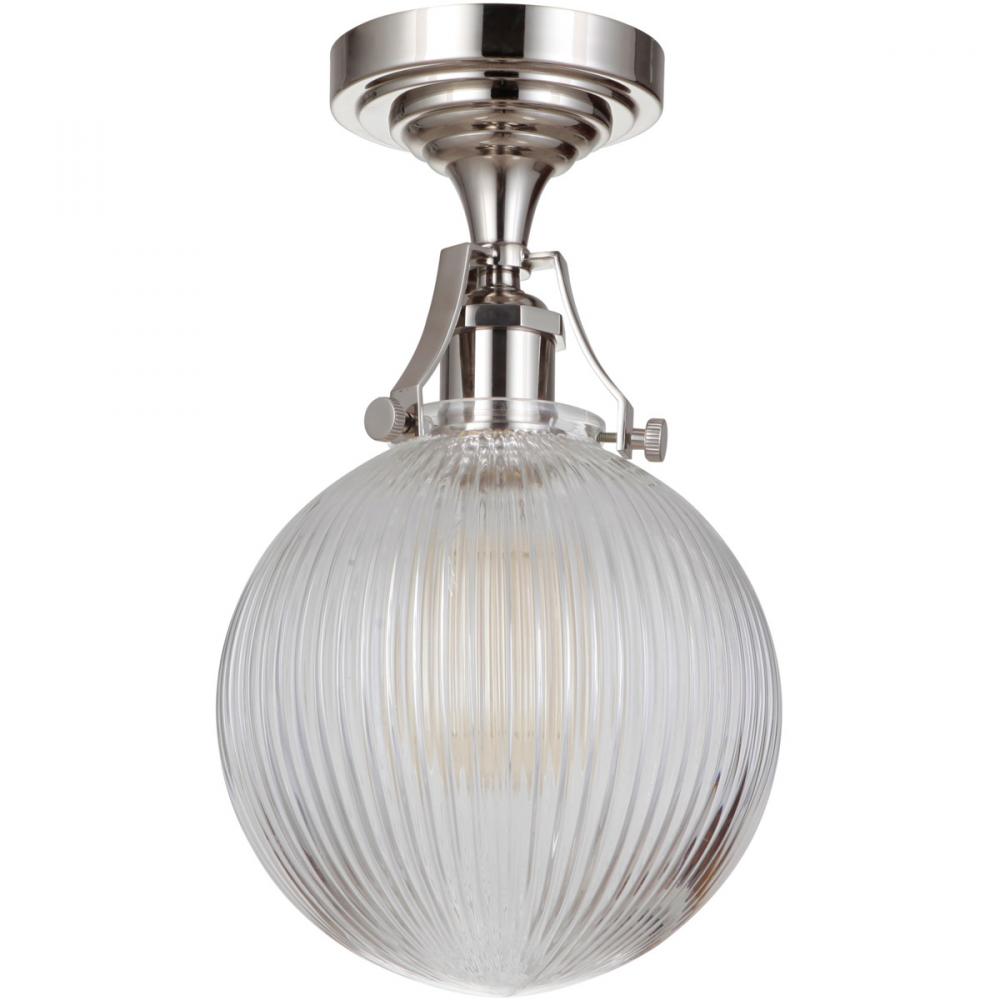 State House 1 Light Clear Ribbed Globe Semi Flush in Polished Nickel