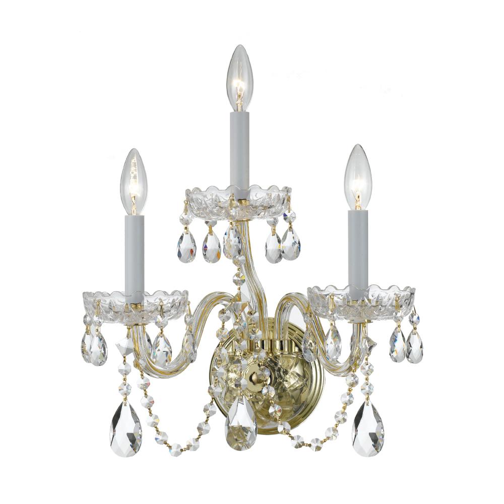 Traditional Crystal 3 Light Hand Cut Crystal Polished Brass Sconce
