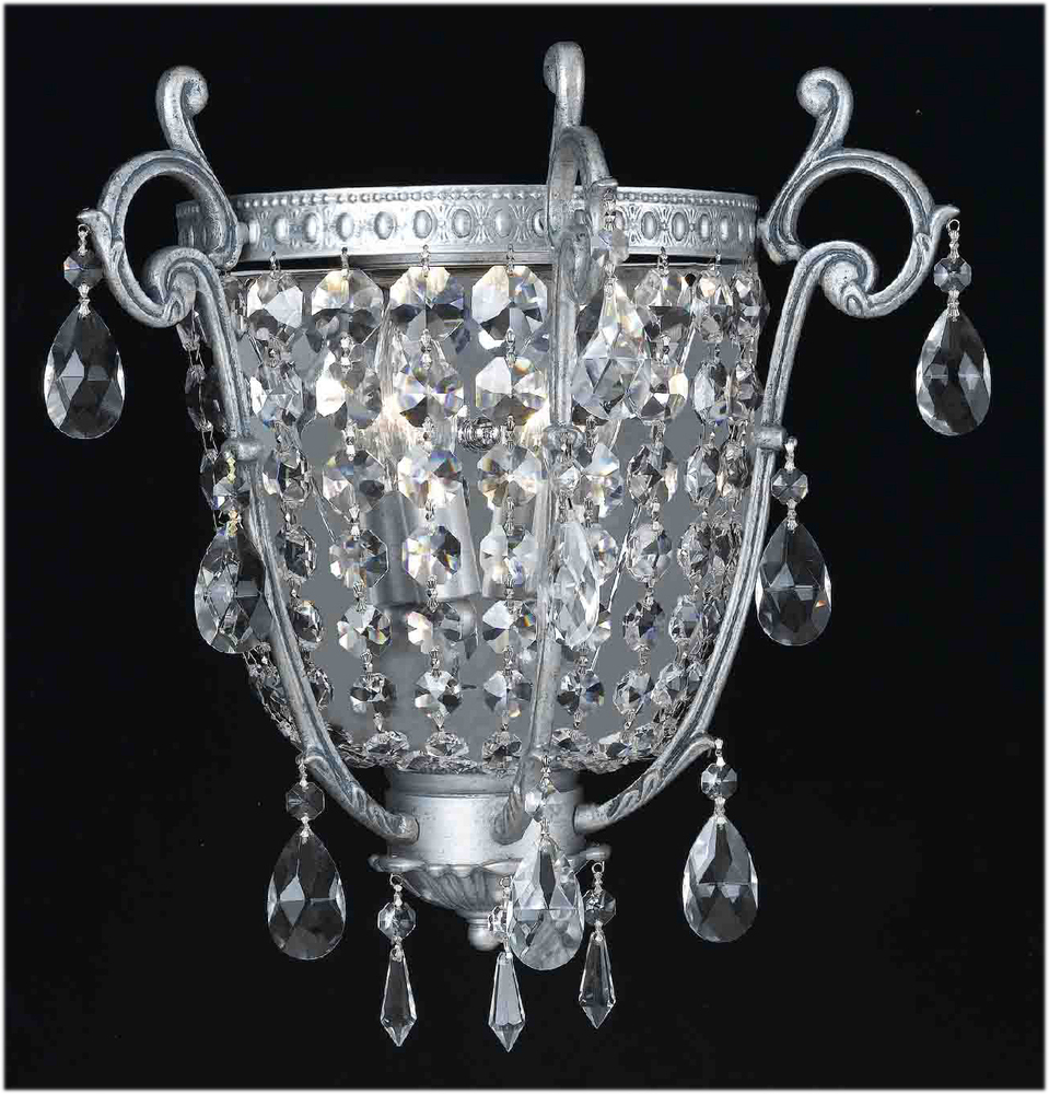 2 Light Antique Silver Traditional Sconce Draped In Clear Hand Cut Crystal
