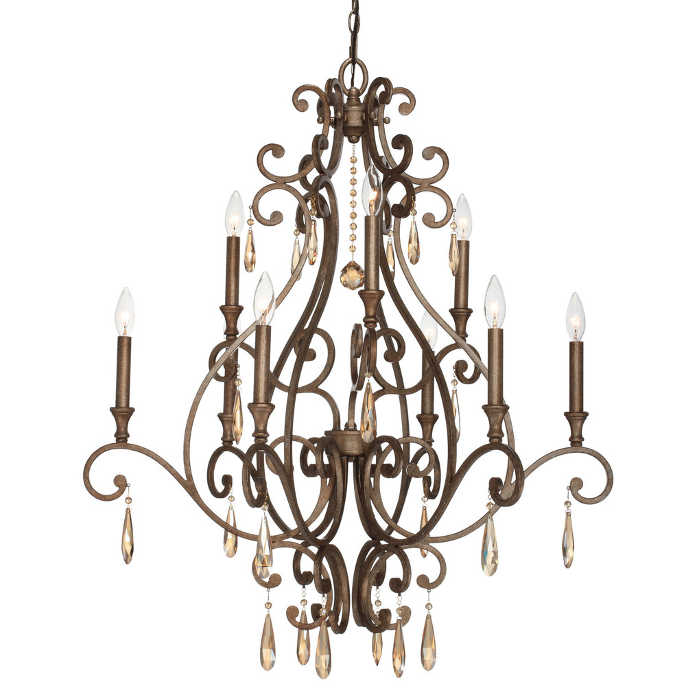 9 Light Distressed Twilight Traditional Chandelier Draped In Golden Shadow Hand Cut Crystal