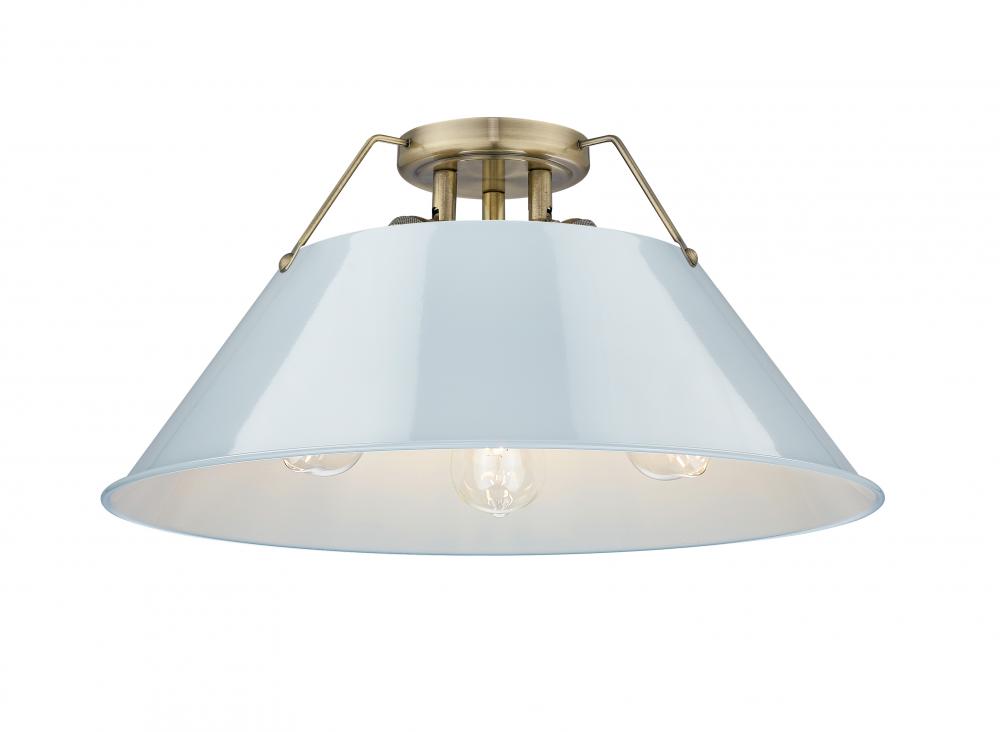 Orwell AB 3 Light Flush Mount in Aged Brass with Dusky Blue shade