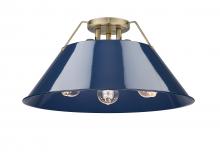 Golden 3306-3FM AB-NVY - Orwell AB 3 Light Flush Mount in Aged Brass with Matte Navy shade
