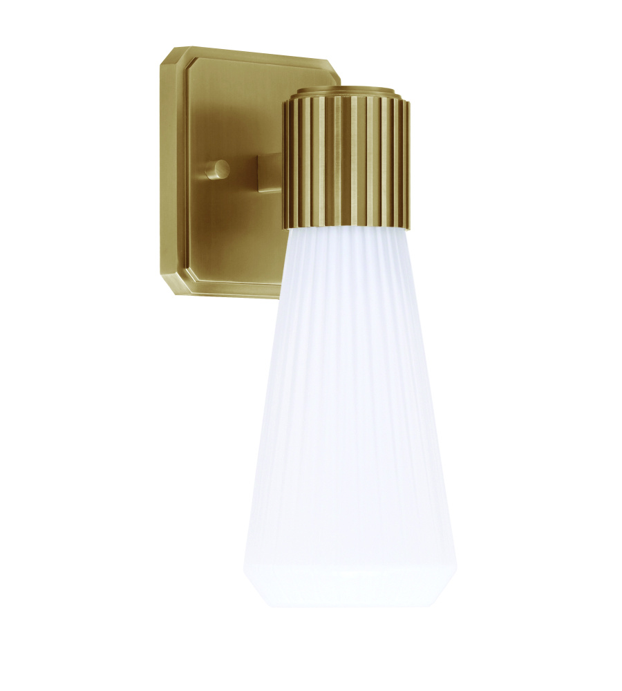 Everleigh Wall Sconce Shown in New Age Brass Finish with 4" White Glass