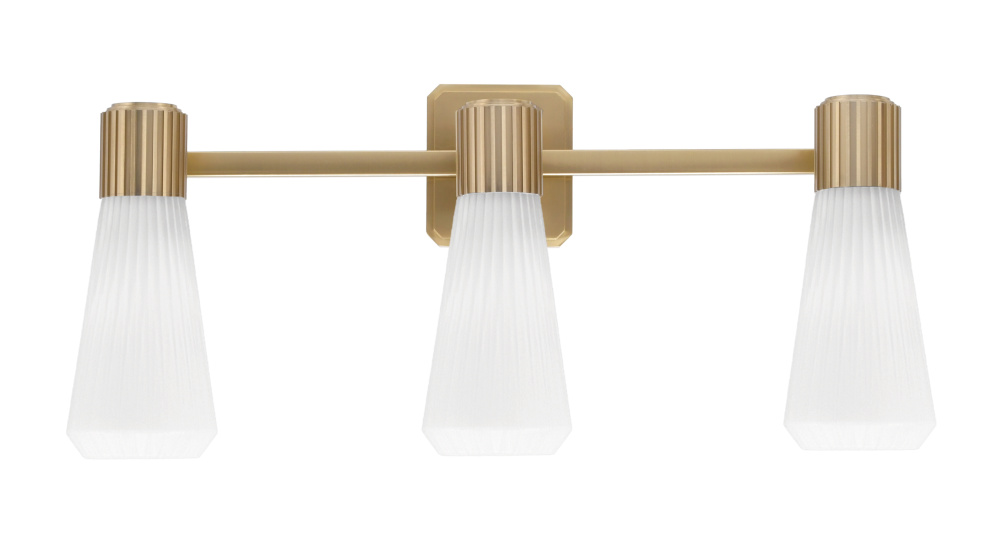 Everleigh 3 Light Bath Bar Shown in New Age Brass Finish with 4" White Glass