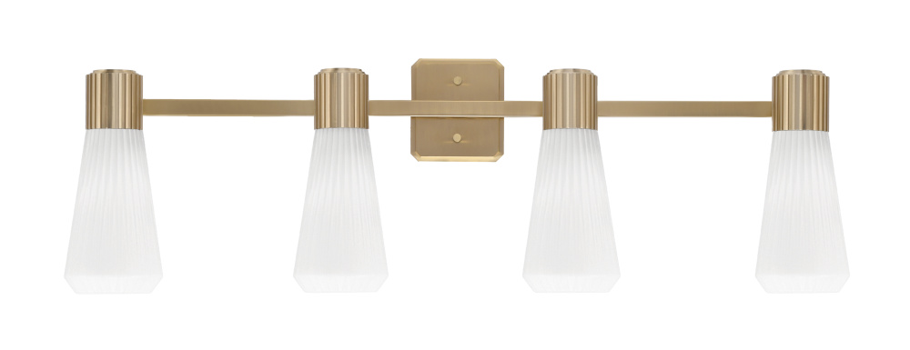 Everleigh 4 Light Bath Bar Shown in New Age Brass Finish with 4" White Glass