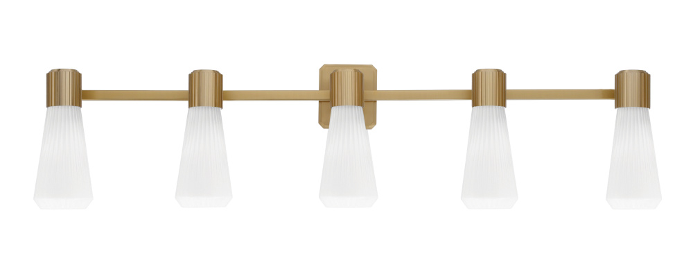 Everleigh 5 Light Bath Bar Shown in New Age Brass Finish with 4" White Glass