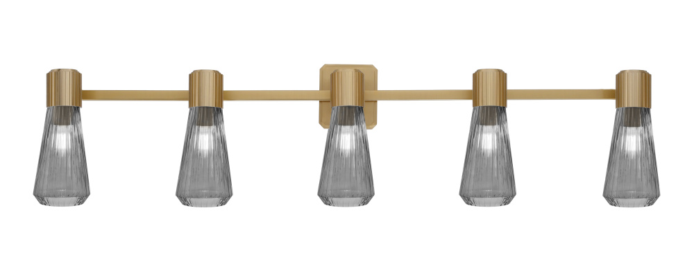 Everleigh 5 Light Bath Bar Shown in New Age Brass Finish with 4" Smoke Glass