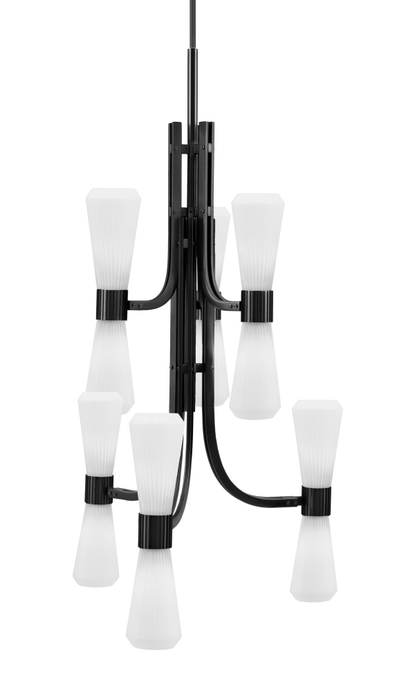 Everleigh 12 Light Chandelier Shown in Matte Black Finish with 4" White Glass